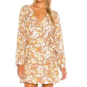 MINKPINK Womens Dress S El Royale Mini Brown Linen Blend Floral Wrap Cottagecore